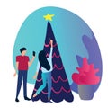 Young guy and girl, family decorates the Christmas tree, vector flat illustration Royalty Free Stock Photo
